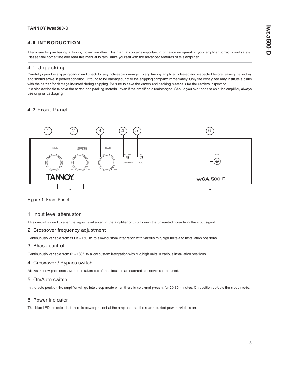 Iwsa500-d, Input level attenuator, Crossover frequency adjustment | Phase control, Crossover / bypass switch, On/auto switch | TOA Electronics IWSA500-D User Manual | Page 5 / 10