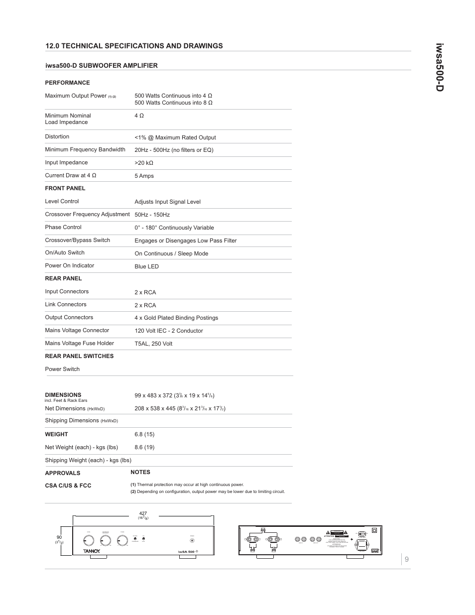 Iwsa500-d, 0 technical specifications and drawings, Risk of electric shock do not open | Risque de choc electrique ne pas ouvrir, Iwsa500-d subwoofer amplifier | TOA Electronics IWSA500-D User Manual | Page 9 / 10