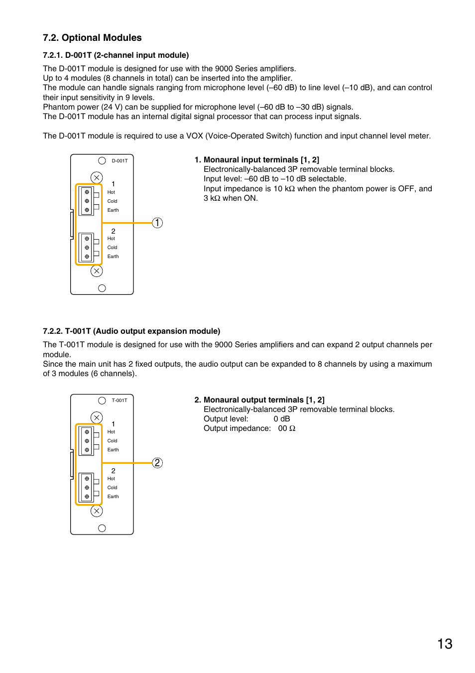 Optional modules, D-001t (2-channel input module), T-001t (audio output expansion module) | TOA Electronics M-9000 User Manual | Page 13 / 84