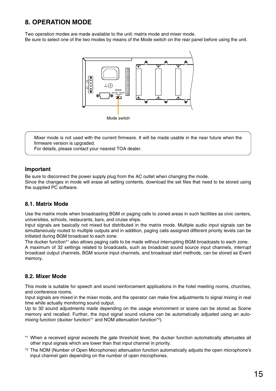 Operation mode, Matrix mode, Mixer mode | Important | TOA Electronics M-9000 User Manual | Page 15 / 84