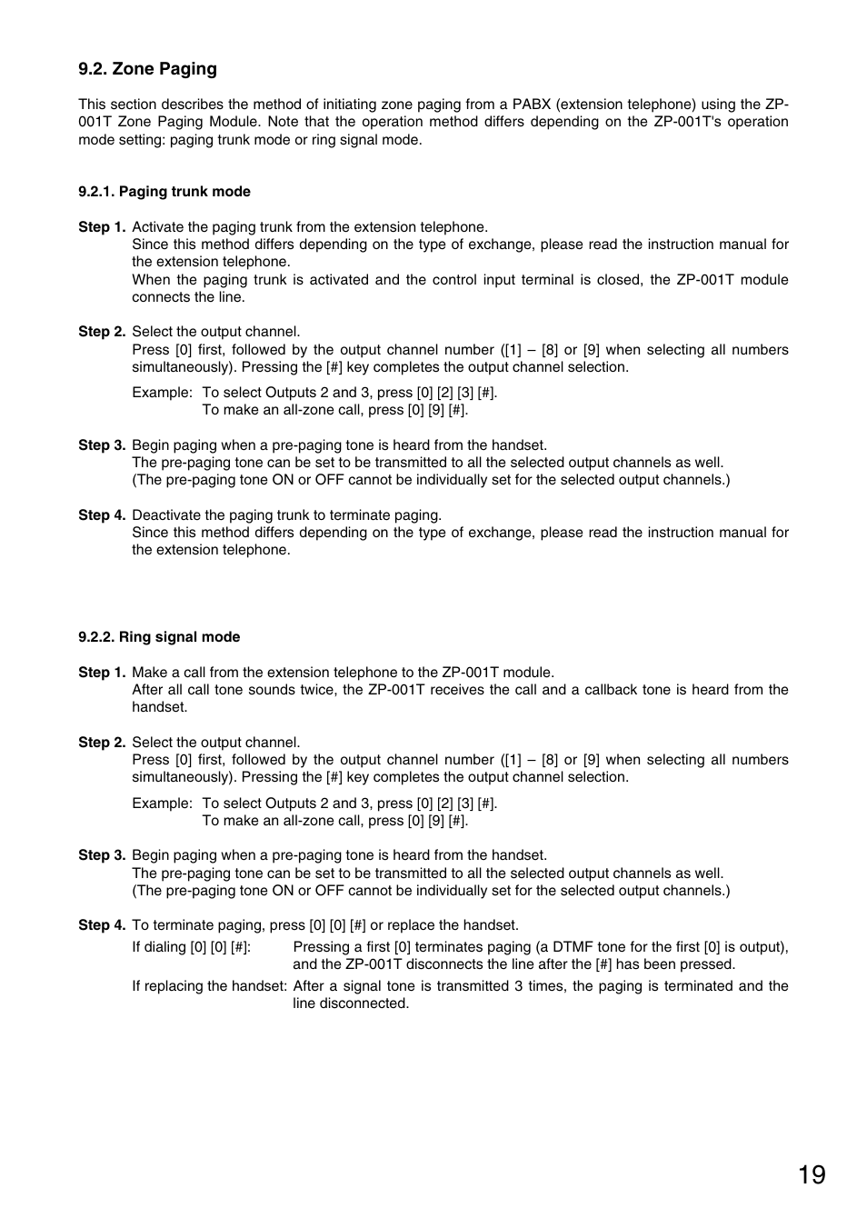 Zone paging, Paging trunk mode, Ring signal mode | TOA Electronics M-9000 User Manual | Page 19 / 84