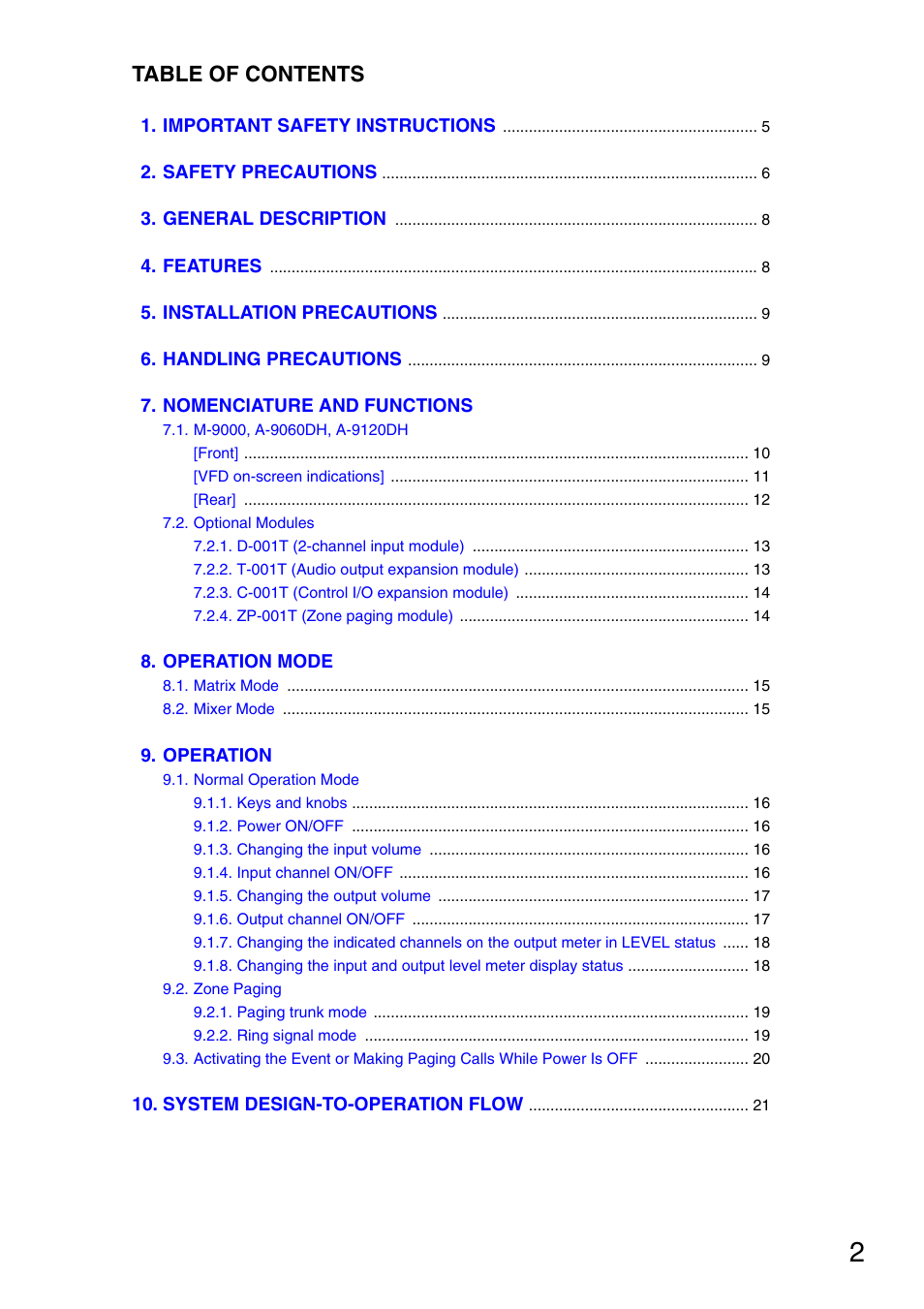 TOA Electronics M-9000 User Manual | Page 2 / 84