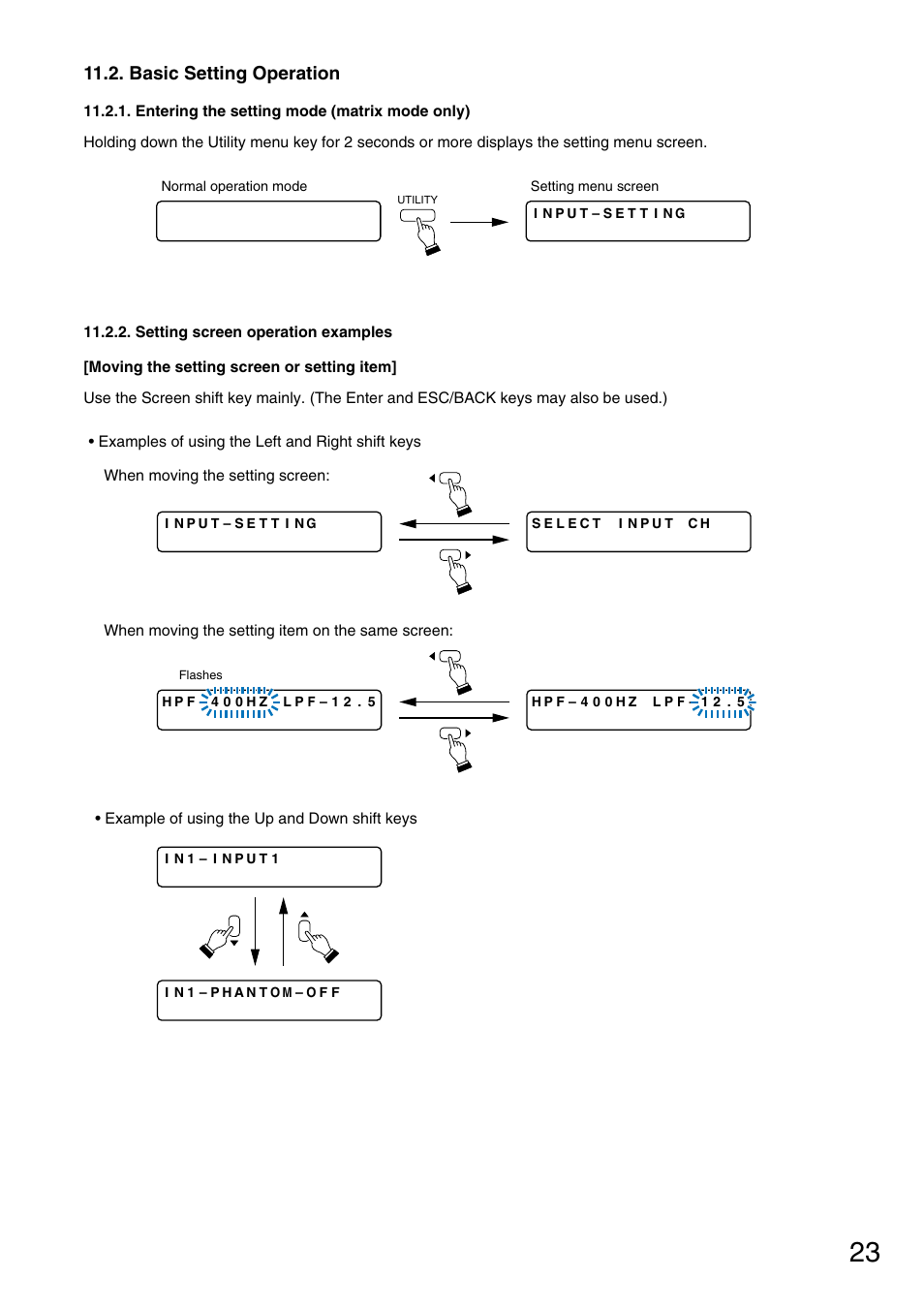 Basic setting operation, Entering the setting mode (matrix mode only), Setting screen operation examples | TOA Electronics M-9000 User Manual | Page 23 / 84