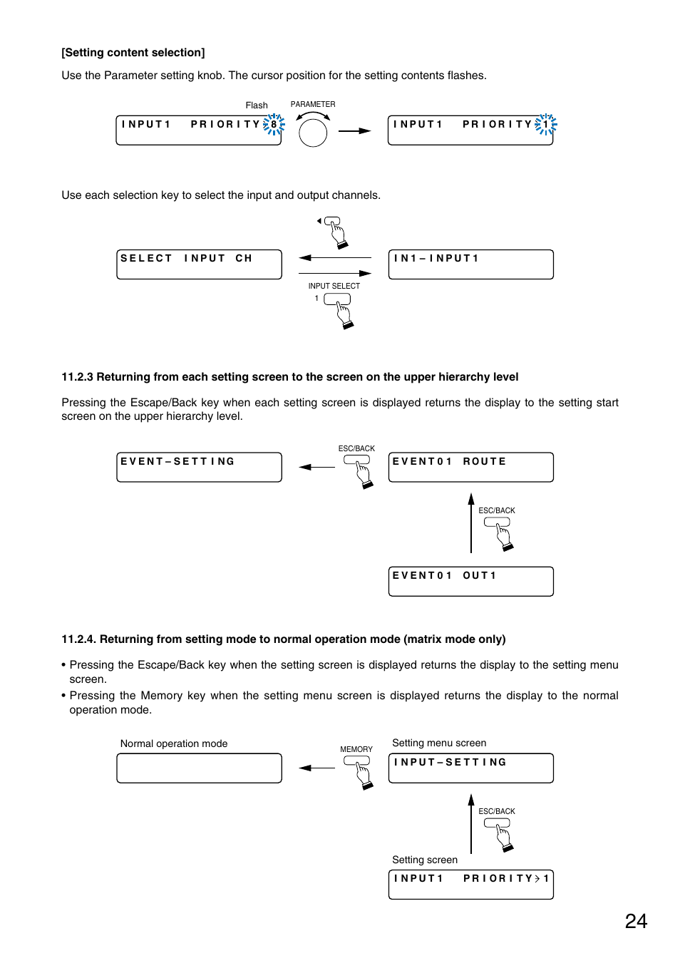 Returning from each setting screen to the screen, On the upper hierarchy level, Matrix mode only) | TOA Electronics M-9000 User Manual | Page 24 / 84