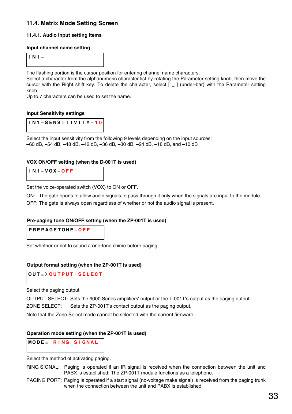 Matrix mode setting screen, Audio input setting items, P. 33) | Vox on/off setting, Pre-paging tone on/off setting, Output format setting | TOA Electronics M-9000 User Manual | Page 33 / 84