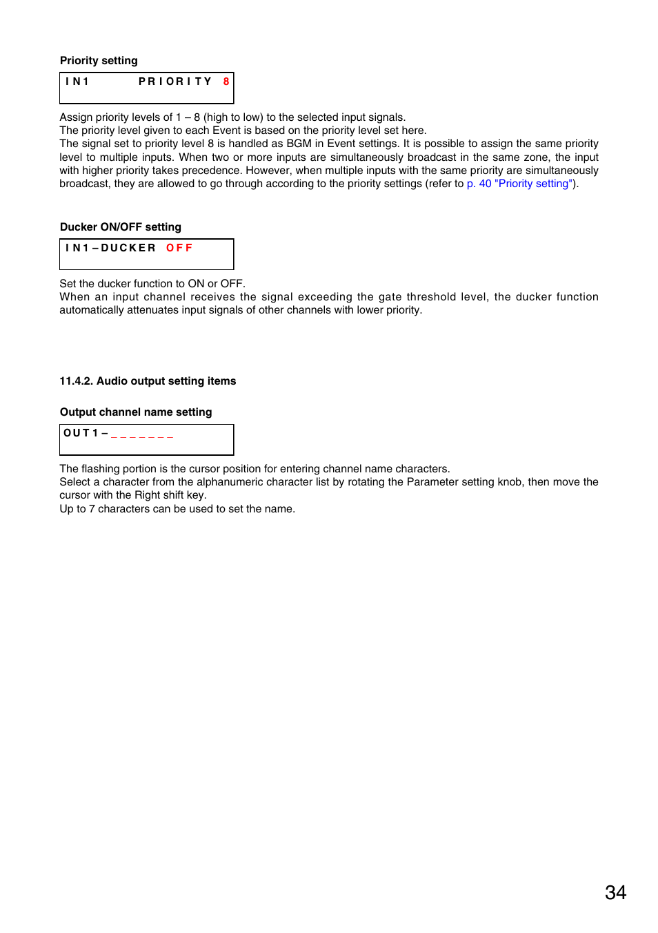 Audio output setting items, P. 34), Ducker on/off setting | TOA Electronics M-9000 User Manual | Page 34 / 84