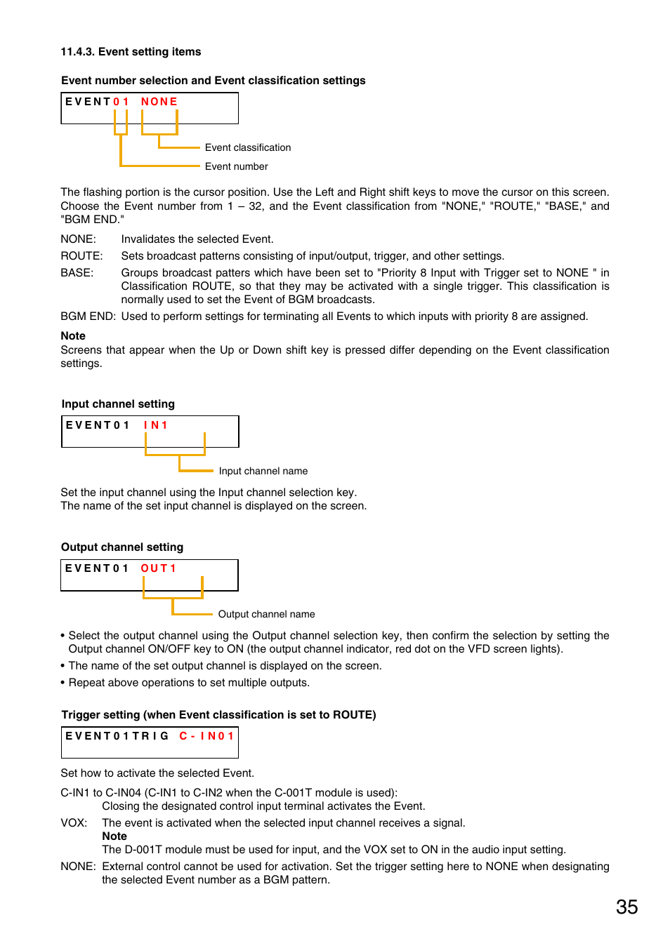 Event setting items, P. 35), Output channel setting | TOA Electronics M-9000 User Manual | Page 35 / 84