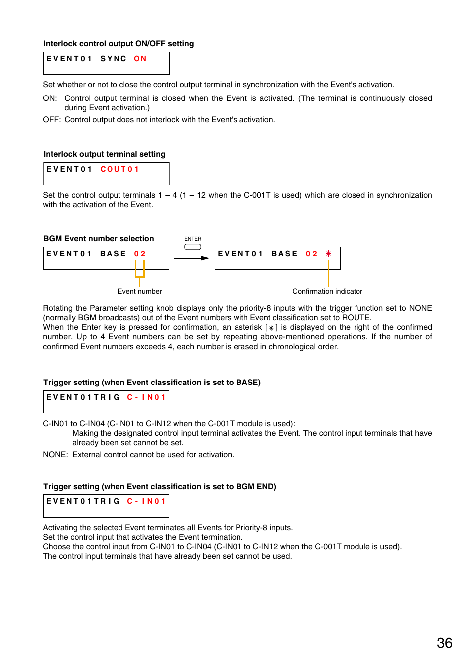 Bgm event number selection, P. 36), Trigger setting | Interlock output terminal setting | TOA Electronics M-9000 User Manual | Page 36 / 84