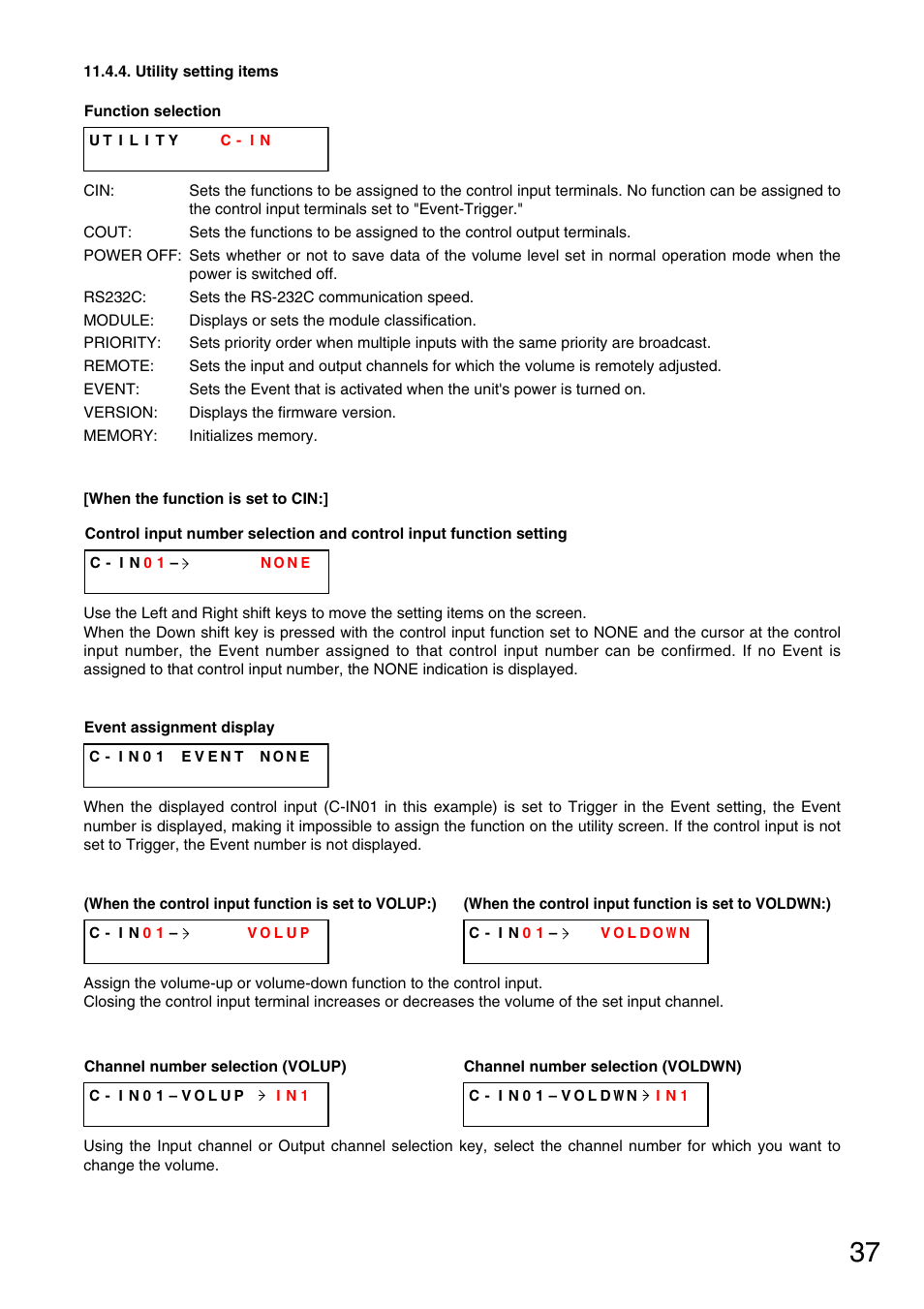 Utility setting items, P. 37), Channel number selection | Is set to voldwn) | TOA Electronics M-9000 User Manual | Page 37 / 84