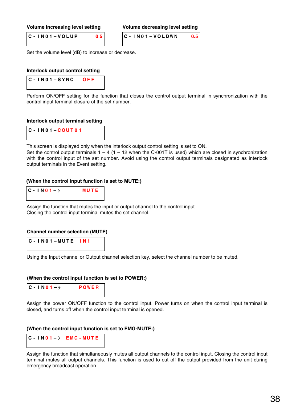 P. 38), Interlock output control setting, Interlock output terminal setting | Channel number selection | TOA Electronics M-9000 User Manual | Page 38 / 84