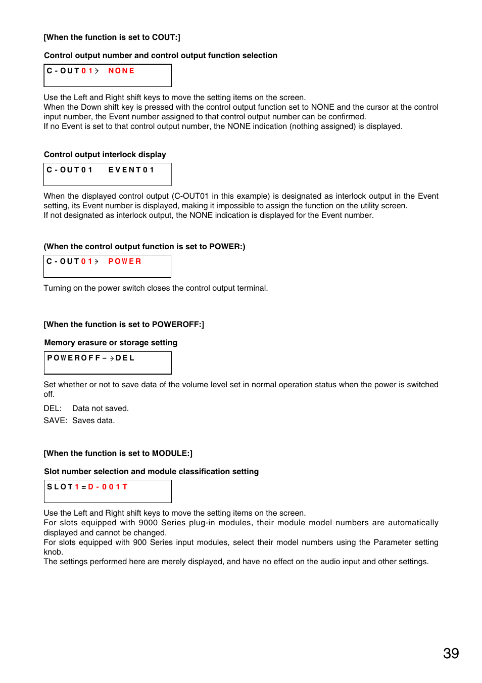 Control output function selection, P. 39), Memory erasure or strage setting | Module classification setting | TOA Electronics M-9000 User Manual | Page 39 / 84