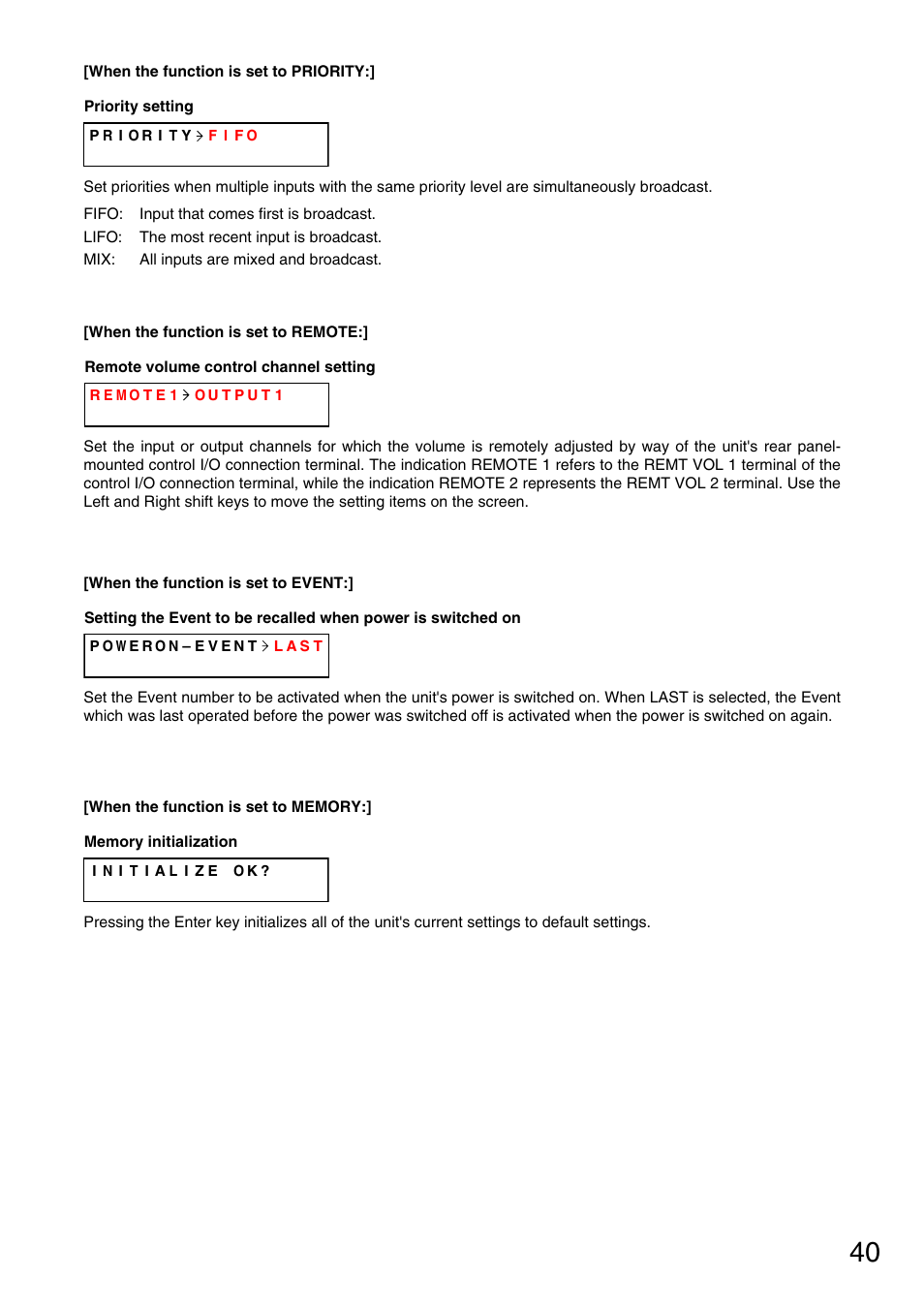 P. 40), Setting, When power is switched on | TOA Electronics M-9000 User Manual | Page 40 / 84