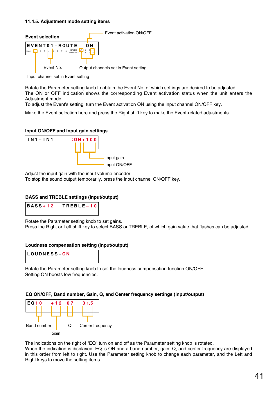 Adjustment mode setting items, Event selection, P. 41) | Loudness compensation setting, Bass and treble settings, And center frequency settings, Input on/off and input gain settings | TOA Electronics M-9000 User Manual | Page 41 / 84