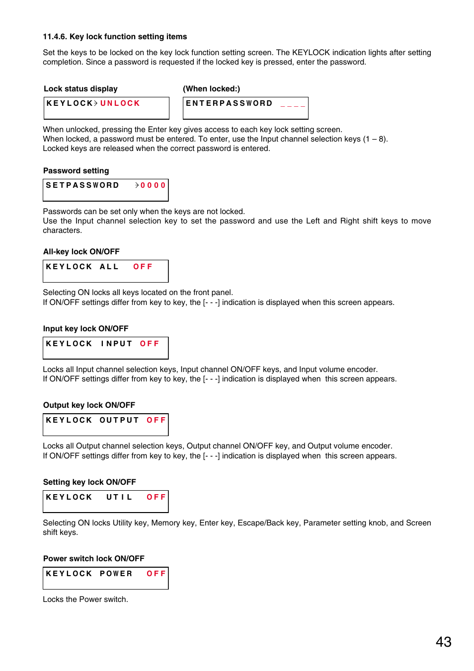 Key lock function setting items, Lock status display, P. 43) | All-key lock on/off, Password setting, Setting key lock on/off | TOA Electronics M-9000 User Manual | Page 43 / 84
