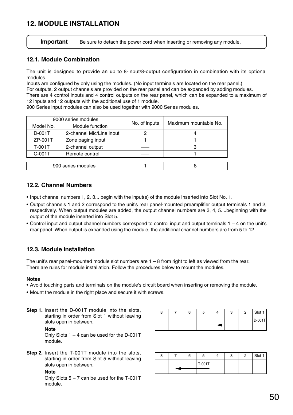 Module installation, Module combination, Channel numbers | Mount modules. (refer to, P. 50, Important | TOA Electronics M-9000 User Manual | Page 50 / 84