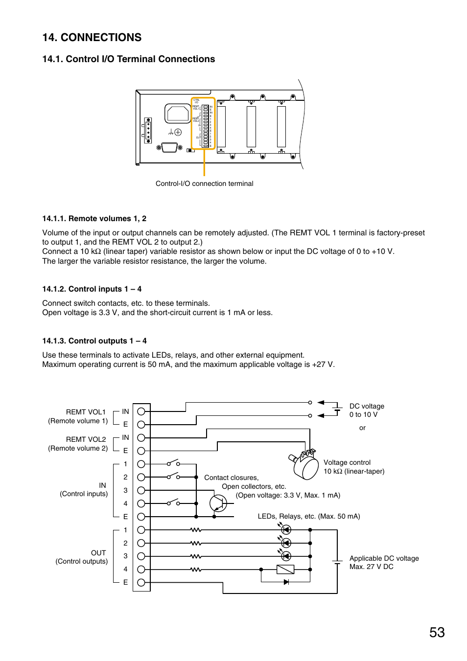 Connections, Control i/o terminal connections, Remote volumes 1, 2 | Control inputs 1 – 4, Control outputs 1 – 4, P. 53 | TOA Electronics M-9000 User Manual | Page 53 / 84