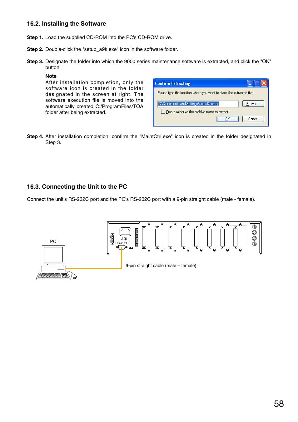 Installing the software, Connecting the unit to the pc | TOA Electronics M-9000 User Manual | Page 58 / 84