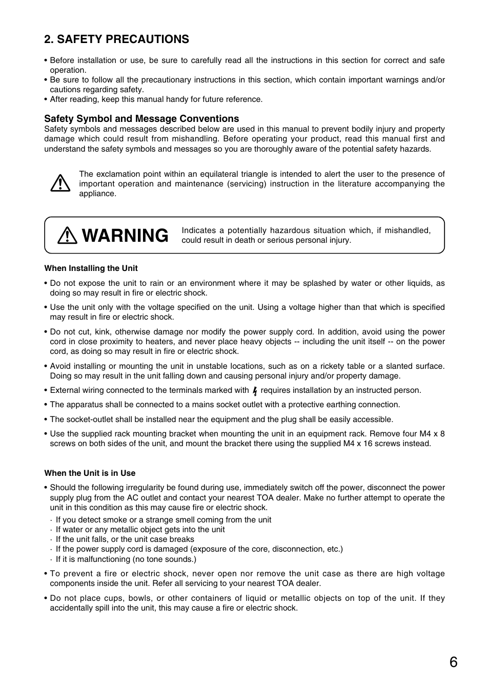 Safety precautions, Warning | TOA Electronics M-9000 User Manual | Page 6 / 84