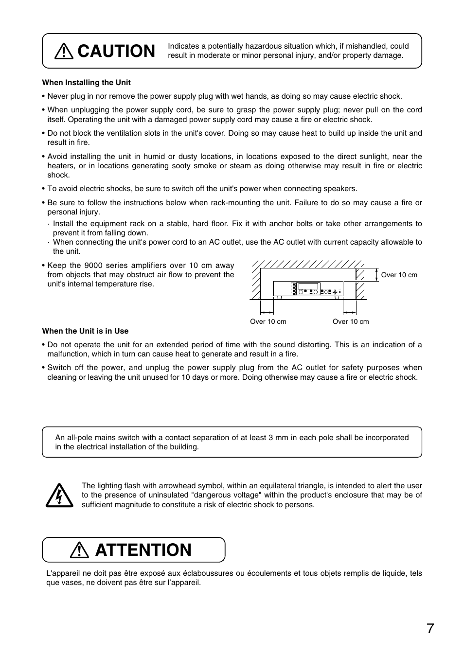 Caution, Attention | TOA Electronics M-9000 User Manual | Page 7 / 84