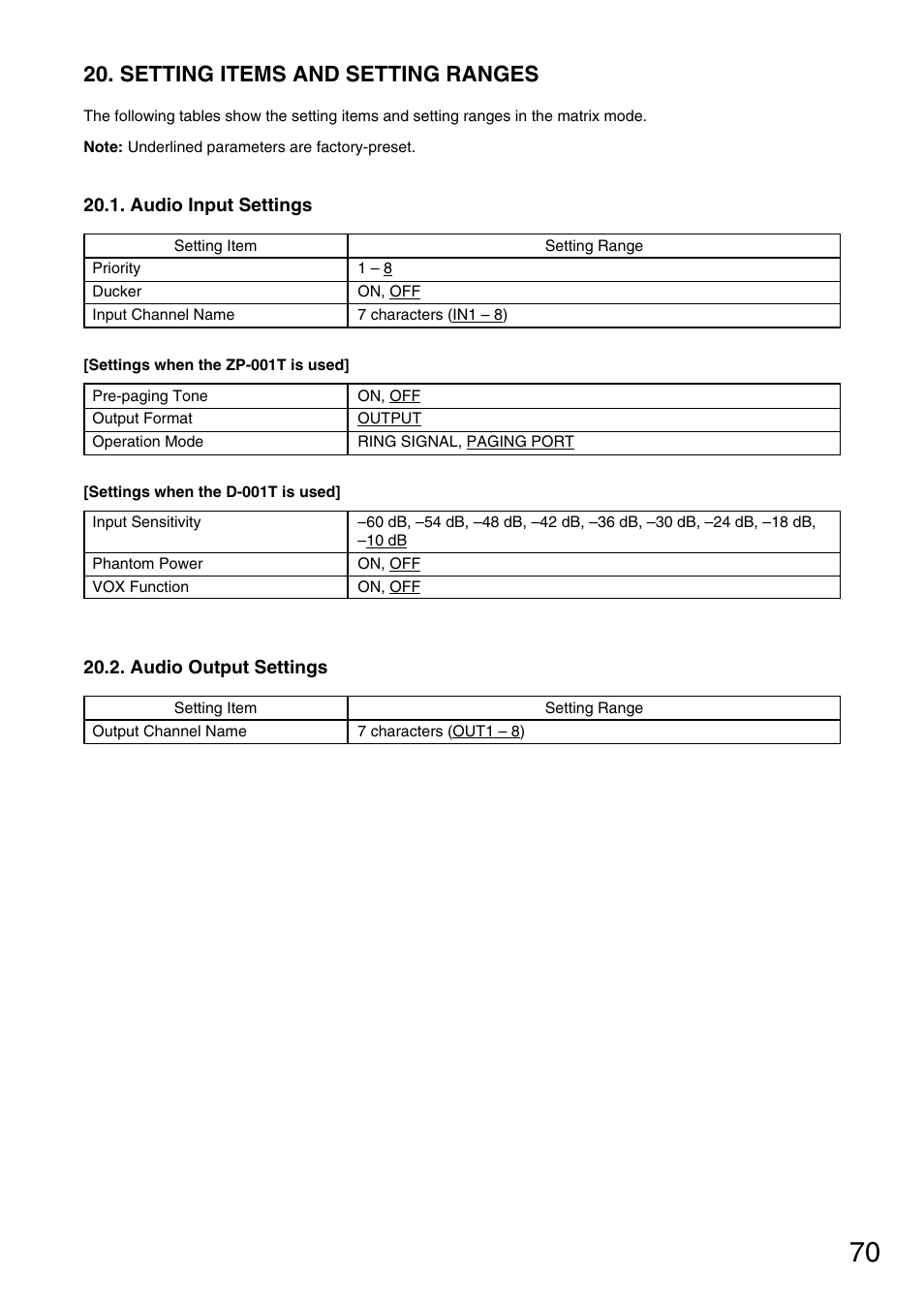 Setting items and setting ranges, Audio input settings, Audio output settings | TOA Electronics M-9000 User Manual | Page 70 / 84