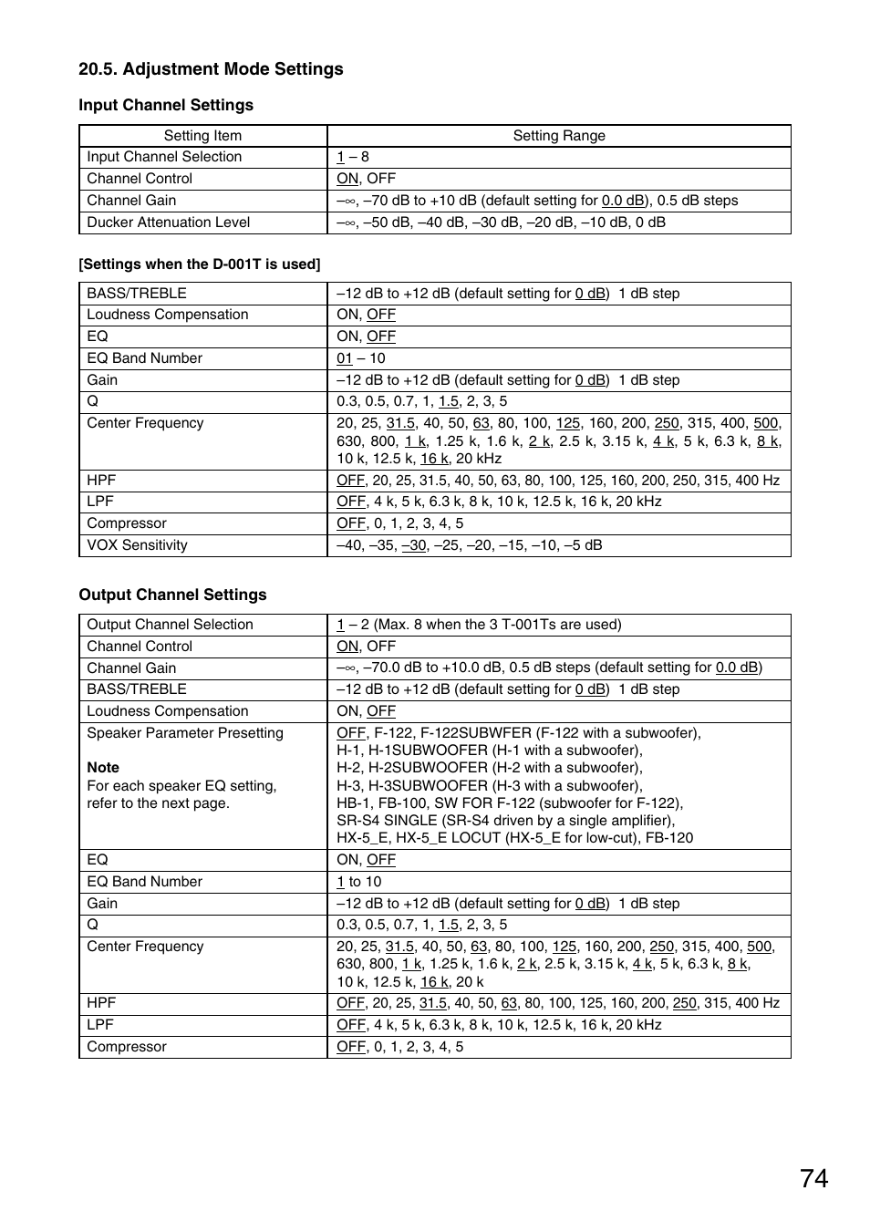 Adjustment mode settings | TOA Electronics M-9000 User Manual | Page 74 / 84