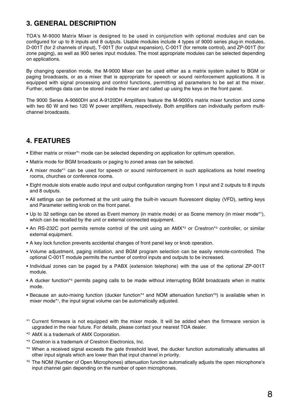 General description, Features | TOA Electronics M-9000 User Manual | Page 8 / 84
