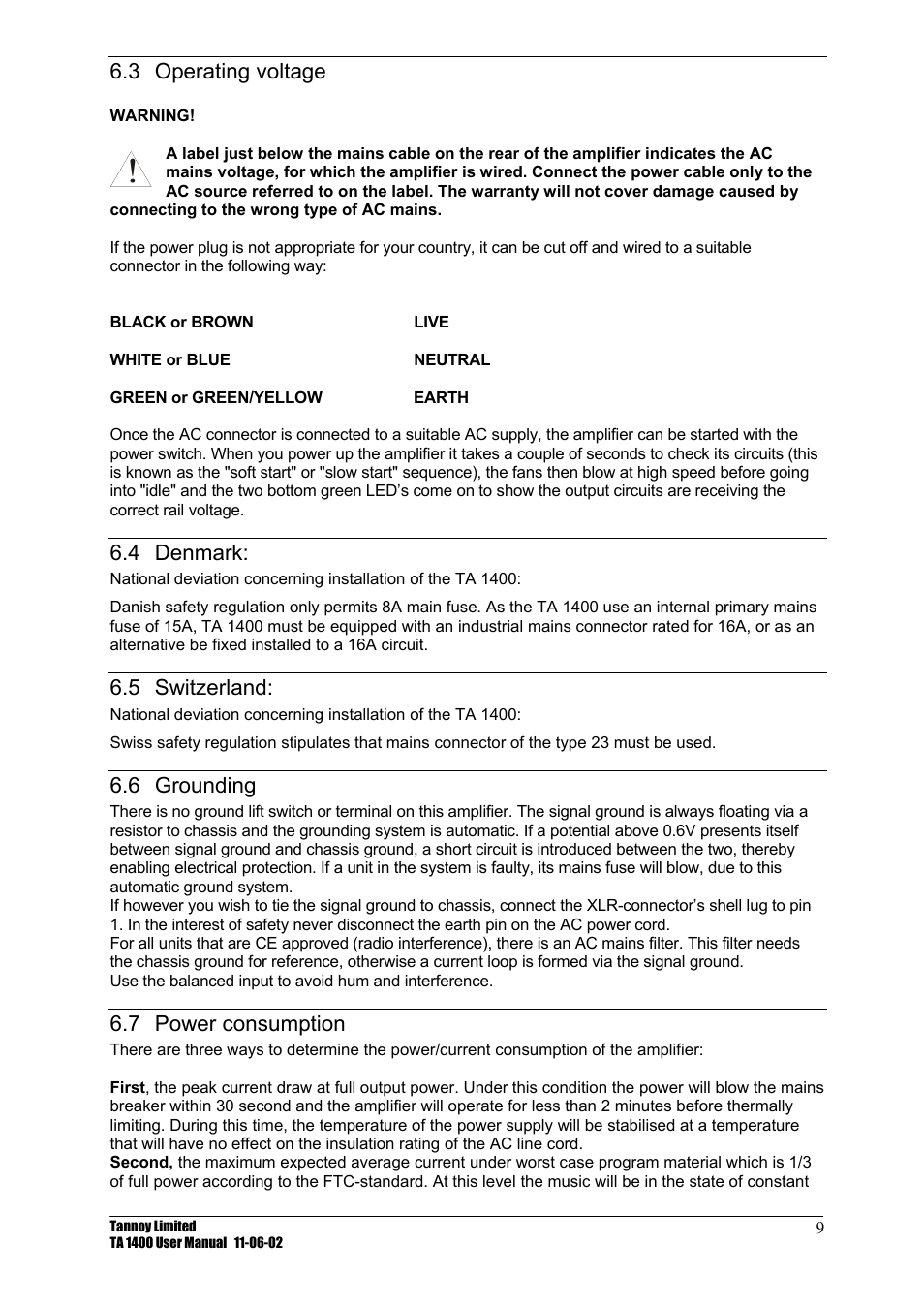 Operating voltage, Denmark, Switzerland | Grounding, Power consumption, 3 operating, Voltage, Consumption, 3 operating voltage, 4 denmark | TOA Electronics TA 1400 User Manual | Page 10 / 16