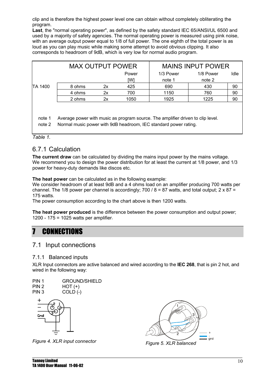Calculation, Connections, Input connections | Balanced inputs, 1 calculation, 7 connections, 1 input, 1 balanced, Inputs, Max output power mains input power | TOA Electronics TA 1400 User Manual | Page 11 / 16