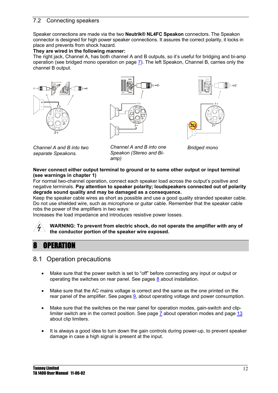 Connecting speakers, Operation, Operation precautions | 2 connecting, Speakers, 8 operation, 1 operation, Precautions, 1 operation precautions | TOA Electronics TA 1400 User Manual | Page 13 / 16