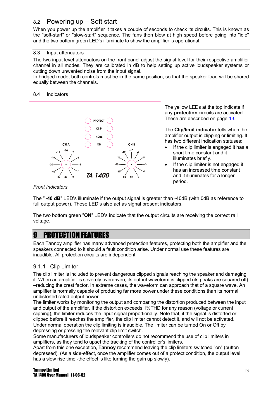 Powering up – soft start, Input attenuators, Indicators | Protection features, Clip limiter, 3 input, Attenuators, 4 indicators, 9 protection, Features | TOA Electronics TA 1400 User Manual | Page 14 / 16