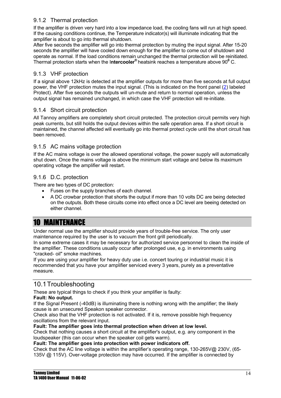 Thermal protection, Vhf protection, Short circuit protection | Ac mains voltage protection, D.c. protection, Maintenance, Troubleshooting, 2 thermal, Protection, 3 vhf | TOA Electronics TA 1400 User Manual | Page 15 / 16