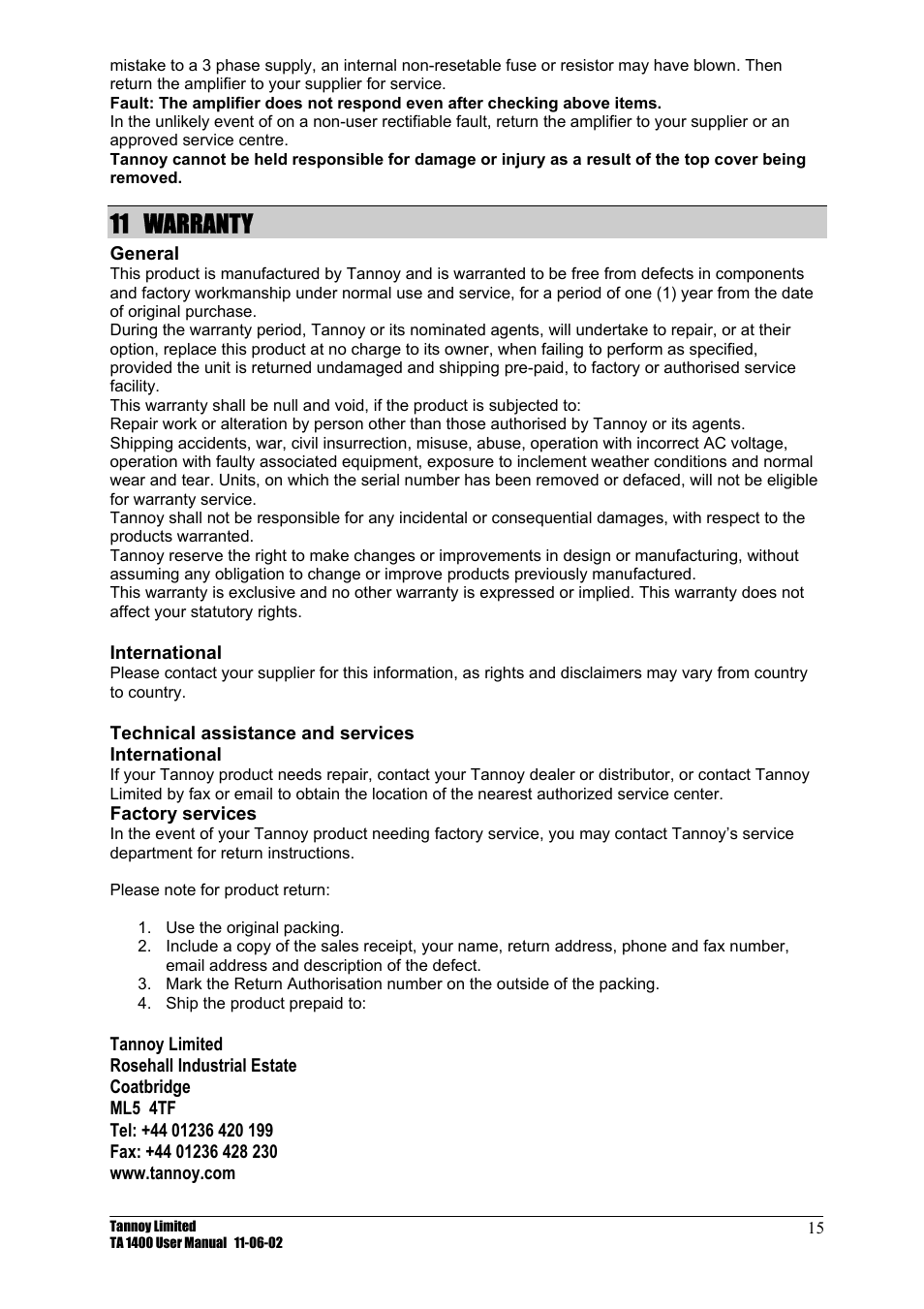 Warranty, 11 warranty | TOA Electronics TA 1400 User Manual | Page 16 / 16