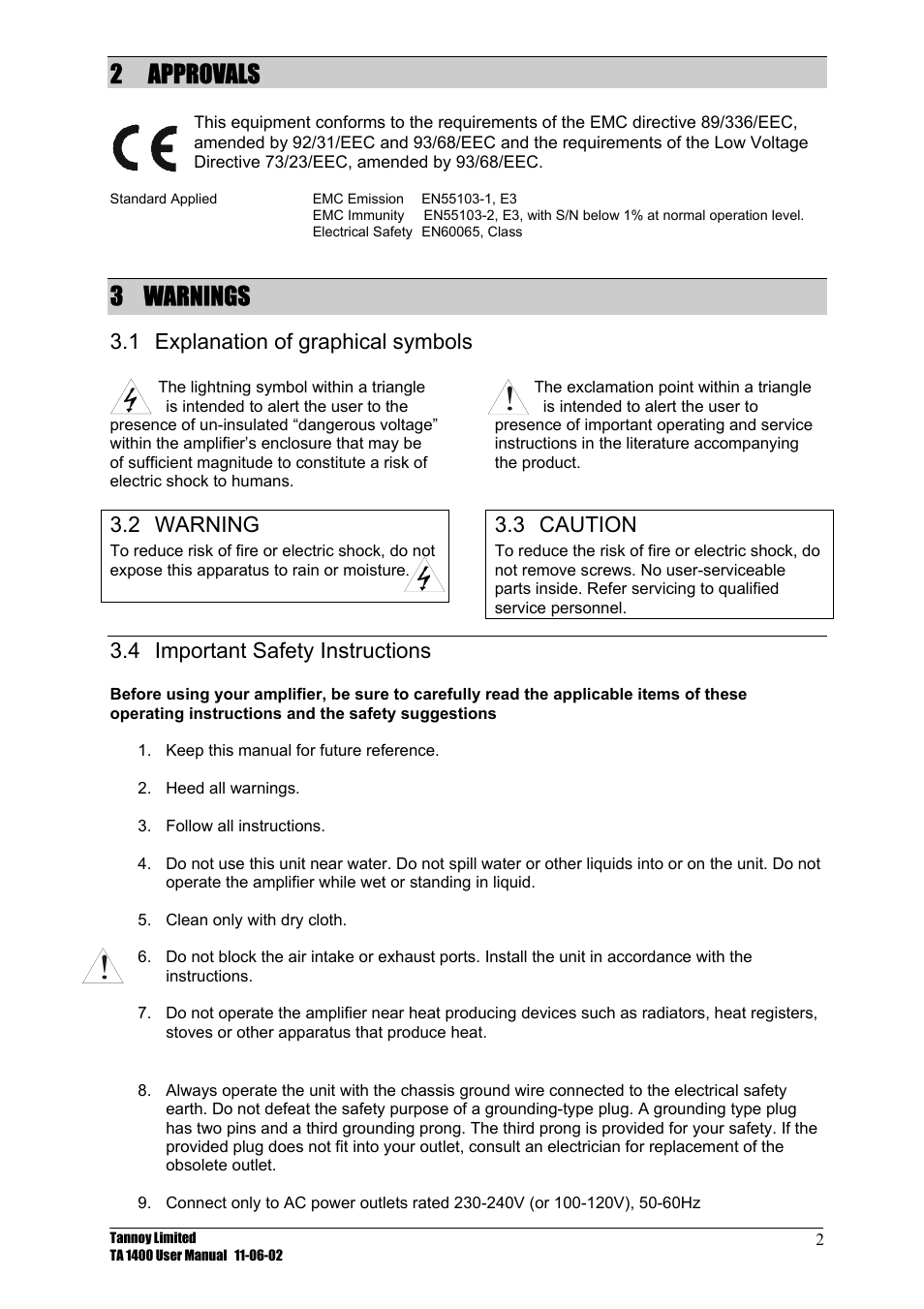 Approvals, Warnings, Explanation of graphical symbols | Warning, Caution, Important safety instructions, 2 approvals 3 warnings, 2 warning 3.3 caution 3.4, 2approvals, 3 warnings | TOA Electronics TA 1400 User Manual | Page 3 / 16