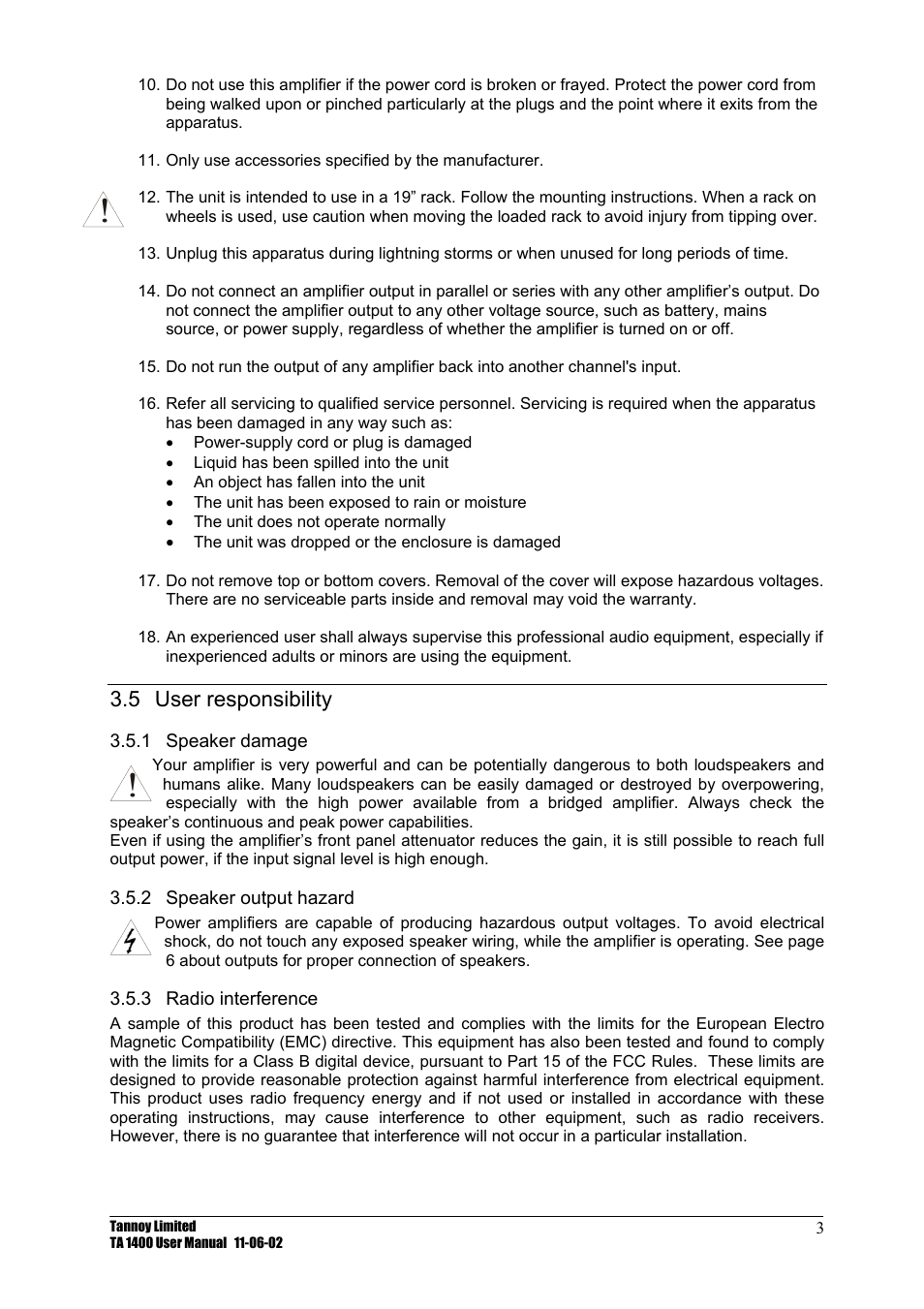 User responsibility, Speaker damage, Speaker output hazard | Radio interference, 5 user, Responsibility, 1 speaker, Damage, 3 radio, Interference | TOA Electronics TA 1400 User Manual | Page 4 / 16