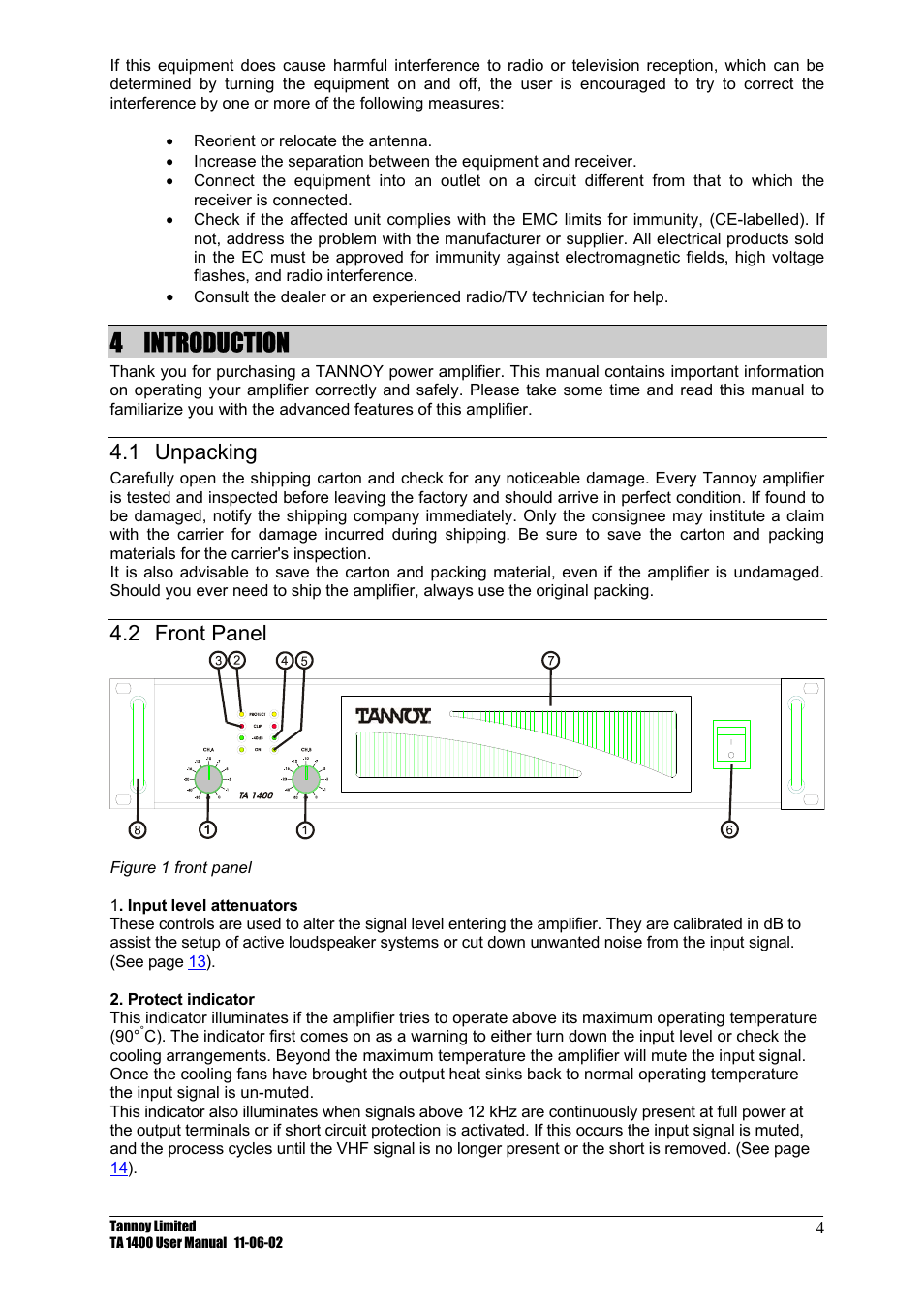 Introduction, Unpacking, Front panel | 4 introduction, 1 unpacking 4.2 front, Panel, 1 unpacking, 2 front panel | TOA Electronics TA 1400 User Manual | Page 5 / 16