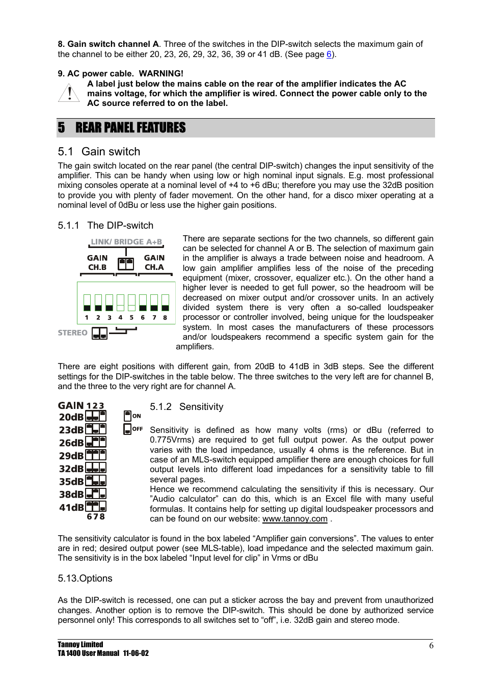 Rear panel features, Gain switch, The dip-switch | Sensitivity, 5 rear, Panel, Features, 1 gain, Switch, 1 the | TOA Electronics TA 1400 User Manual | Page 7 / 16
