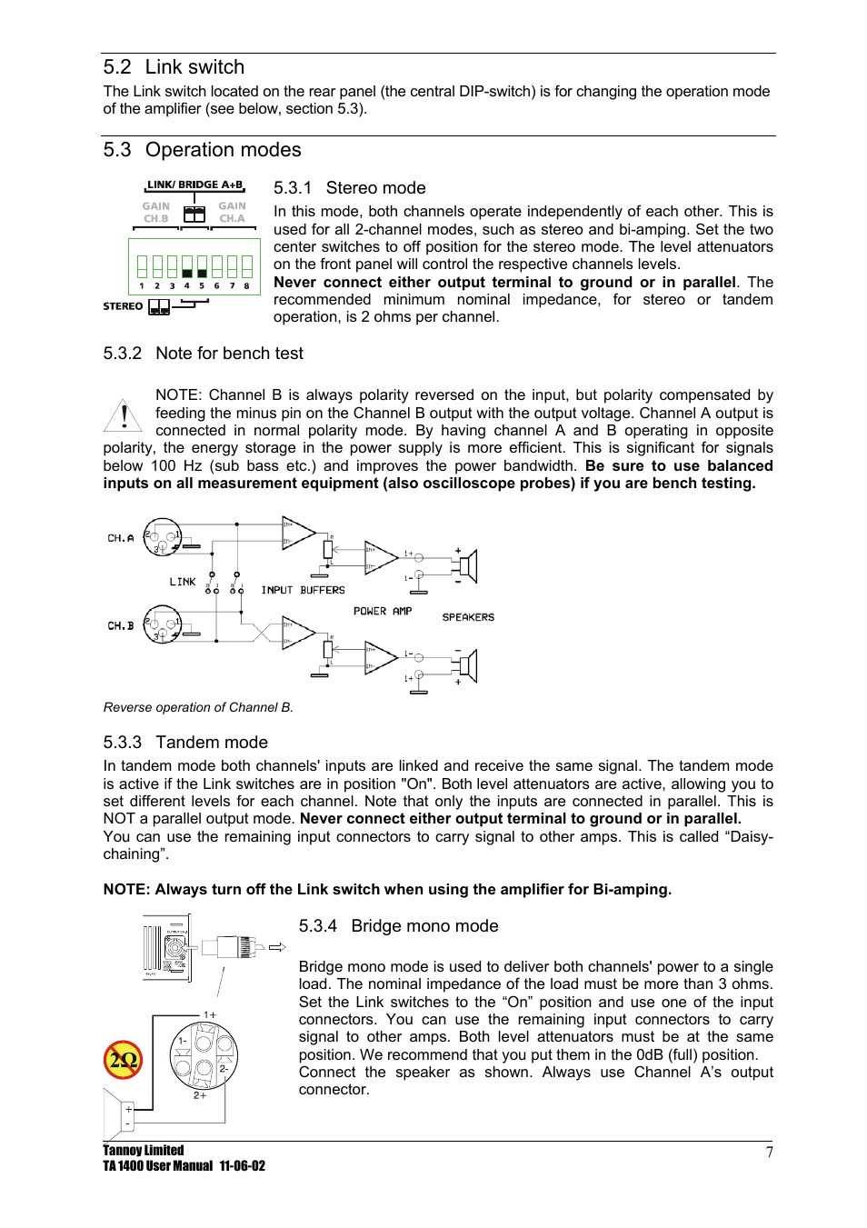 Link switch, Operation modes, Stereo mode | Note for bench test, Tandem mode, Bridge mono mode, 2 link, Switch, 3 operation, Modes | TOA Electronics TA 1400 User Manual | Page 8 / 16