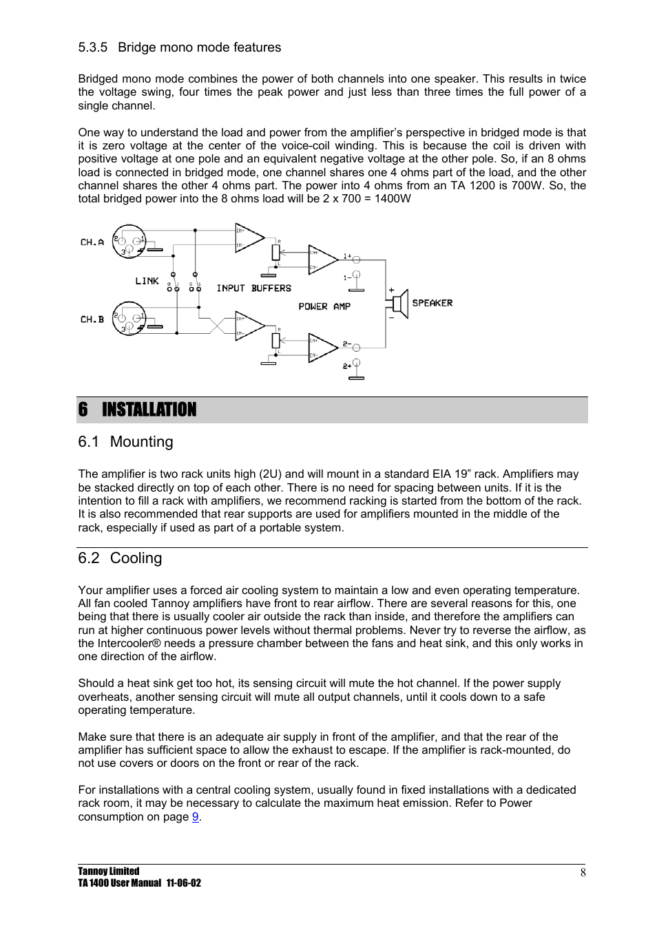 Bridge mono mode features, Installation, Mounting | Cooling, 6 installation, 1 mounting 6.2 cooling, 1 mounting, 2 cooling | TOA Electronics TA 1400 User Manual | Page 9 / 16