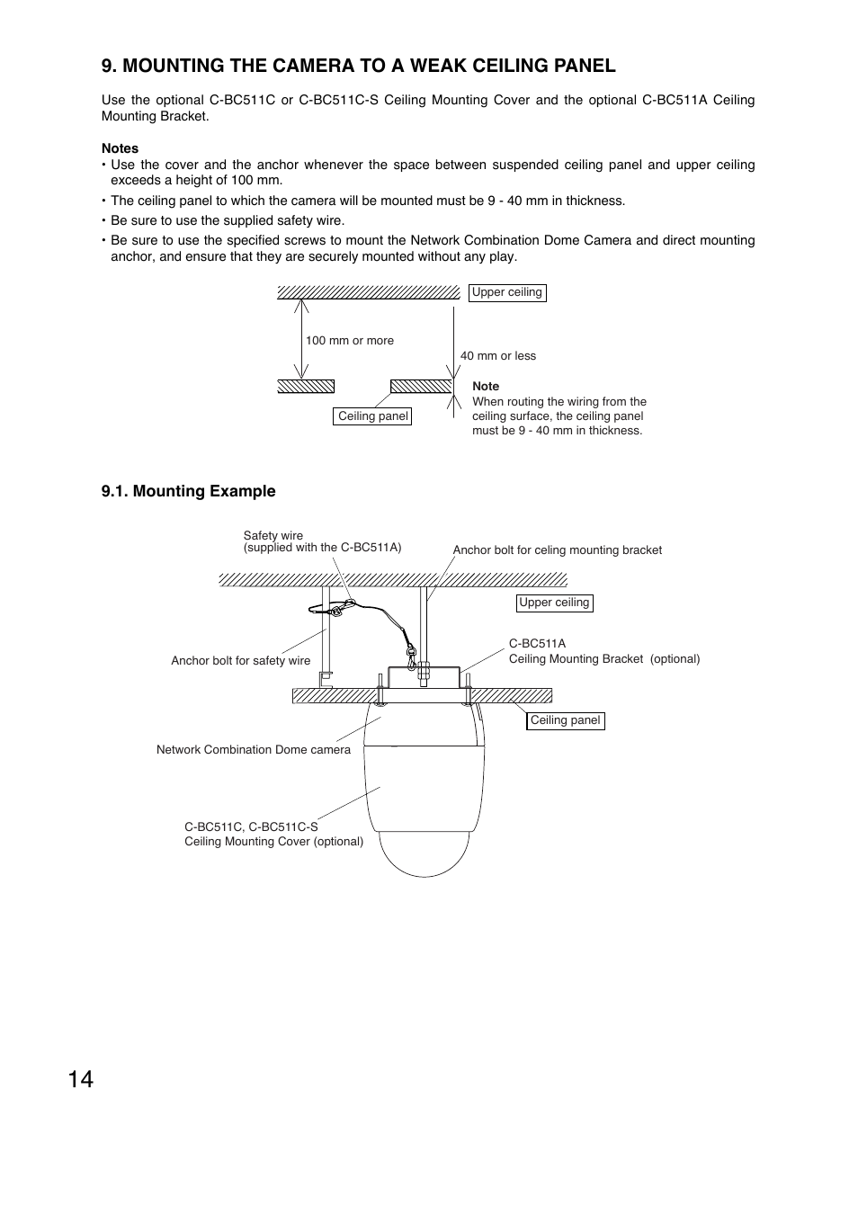 Mounting the camera to a weak ceiling panel | TOA Electronics N-CC2564 User Manual | Page 14 / 40