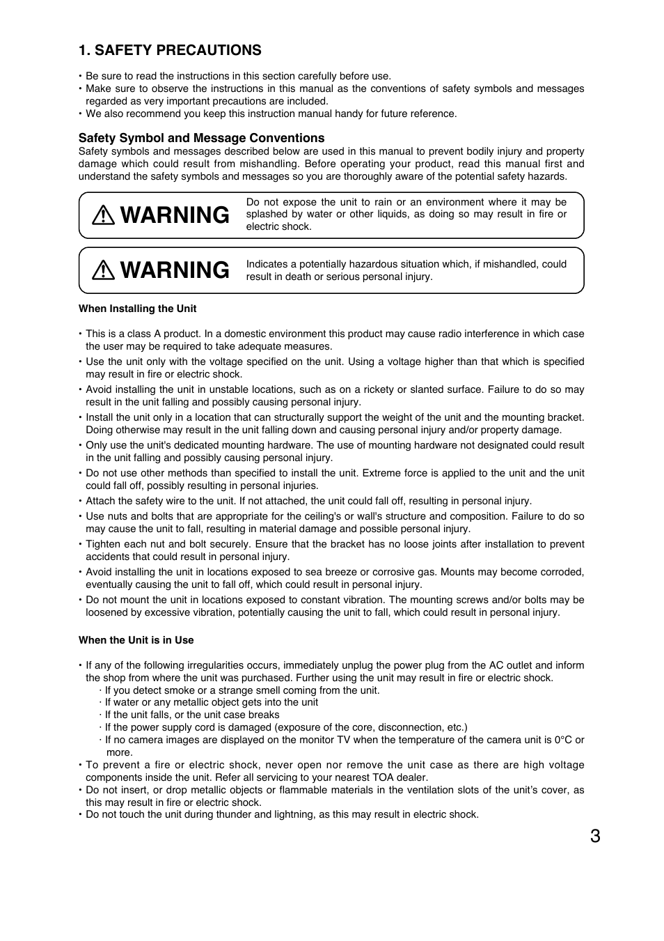 Warning, Safety precautions | TOA Electronics N-CC2564 User Manual | Page 3 / 40