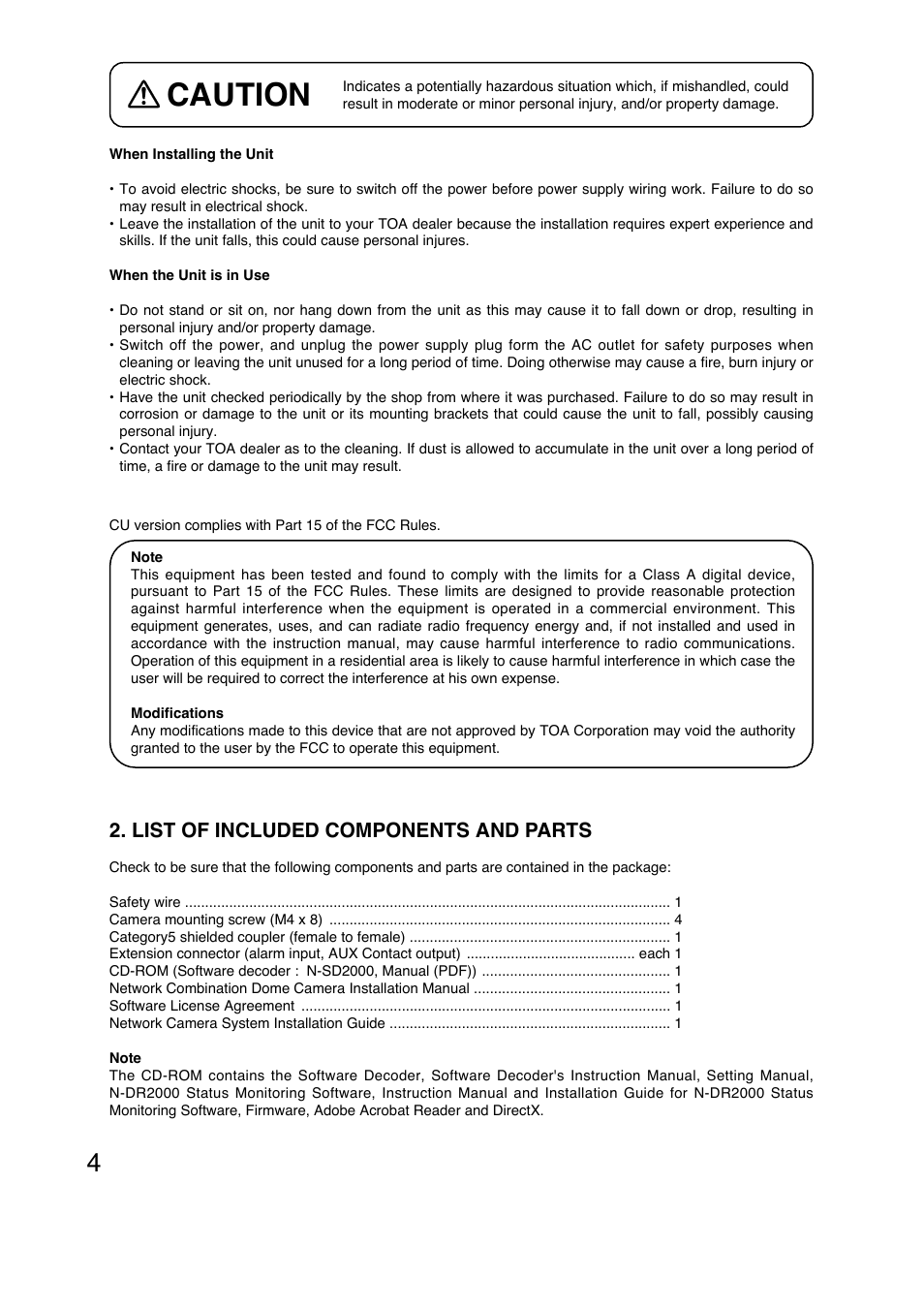 Caution, List of included components and parts | TOA Electronics N-CC2564 User Manual | Page 4 / 40