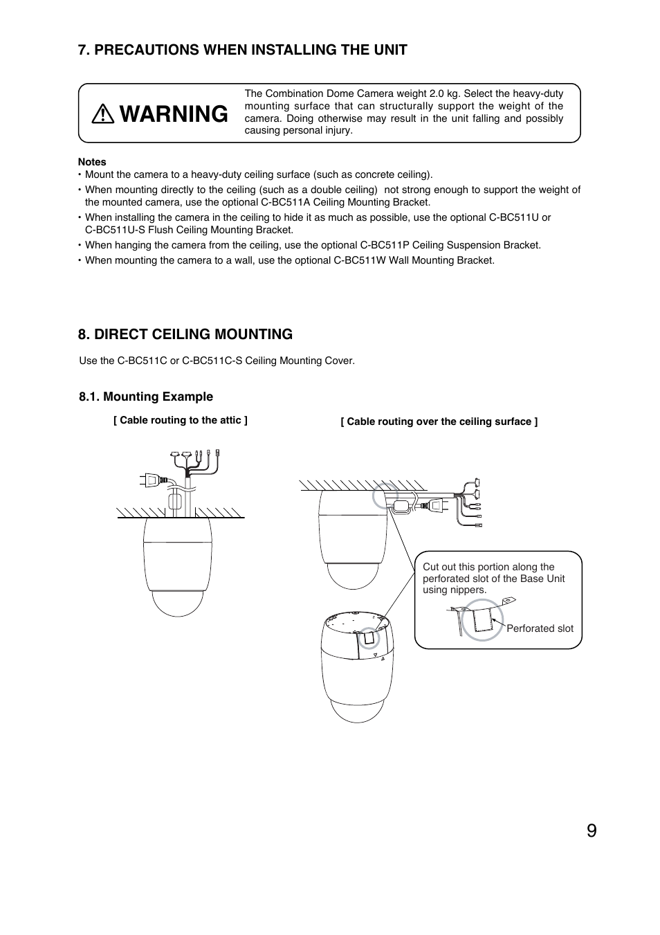 Warning, Precautions when installing the unit, Direct ceiling mounting | TOA Electronics N-CC2564 User Manual | Page 9 / 40