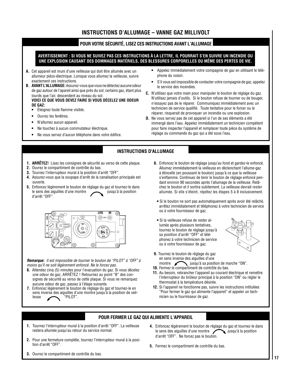 Instructions d’allumage – vanne gaz millivolt | TOA Electronics SLDVT-40 User Manual | Page 17 / 24