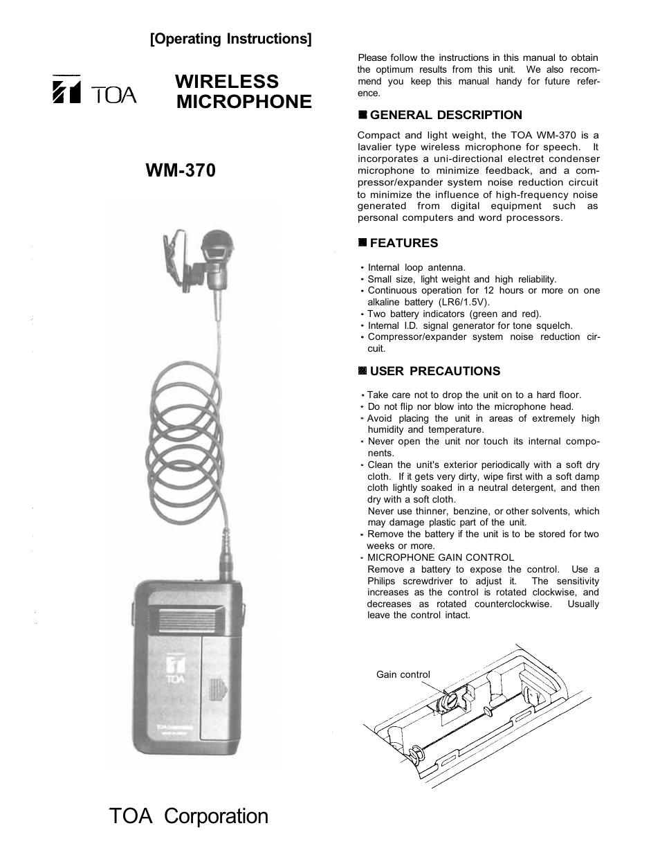 TOA Electronics WM-370 User Manual | 4 pages