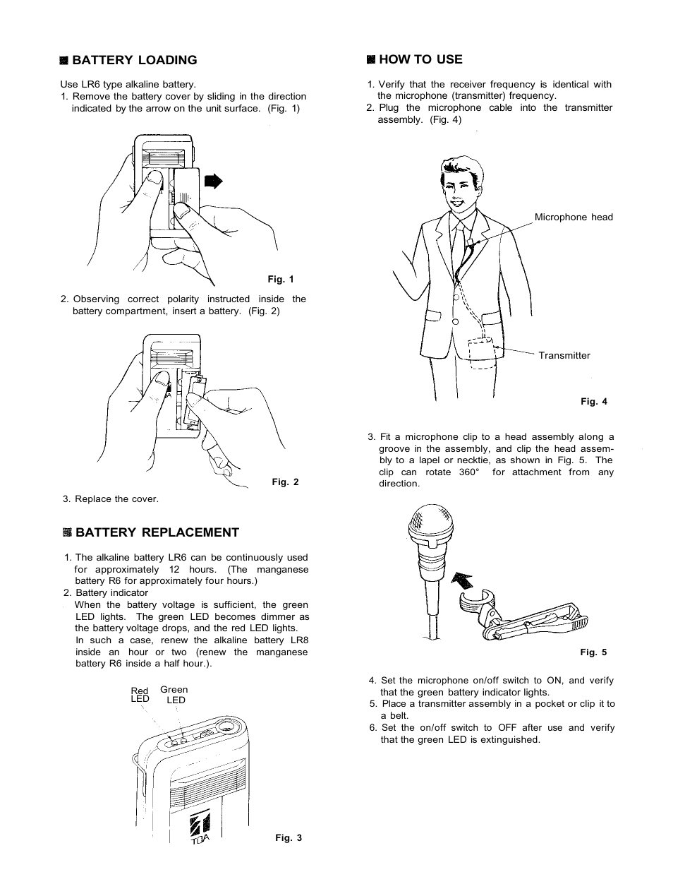 Battery loading, Battery replacement, How to use | TOA Electronics WM-370 User Manual | Page 2 / 4