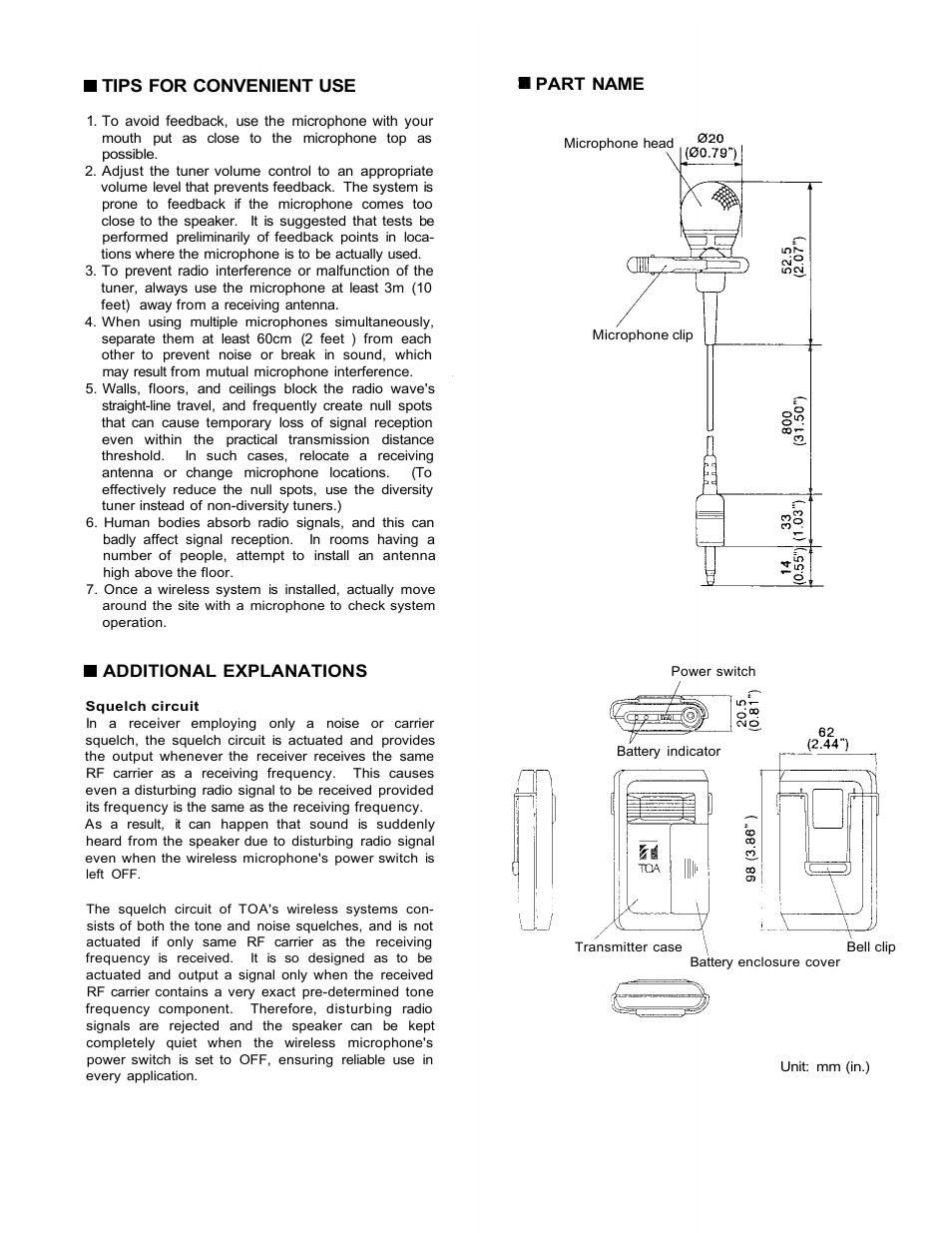 Tips for convenient use, Additional explanations, Part name | TOA Electronics WM-370 User Manual | Page 3 / 4