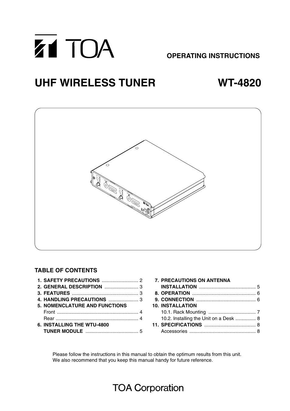 TOA Electronics WT-4820 User Manual | 8 pages