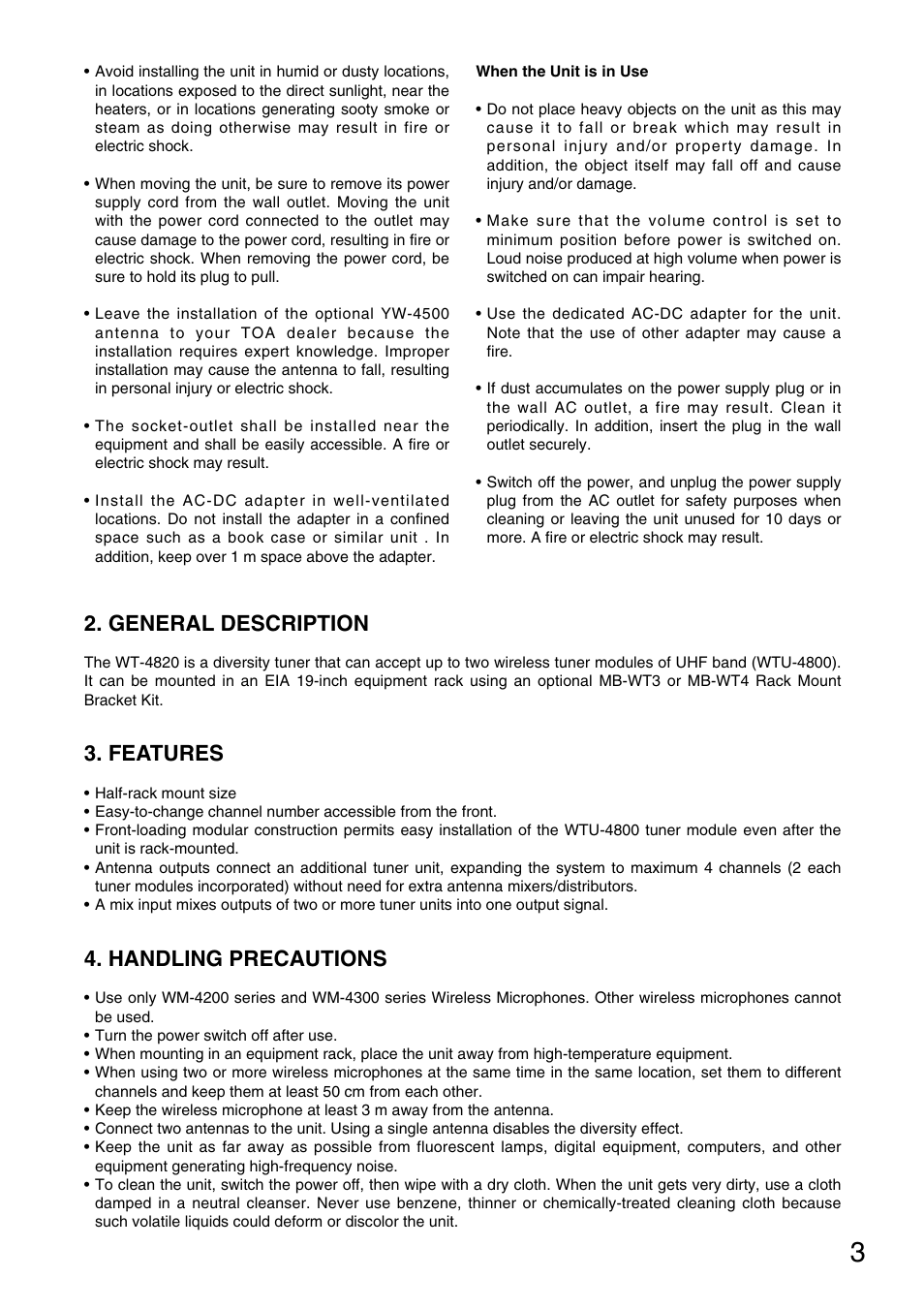General description, Features, Handling precautions | TOA Electronics WT-4820 User Manual | Page 3 / 8
