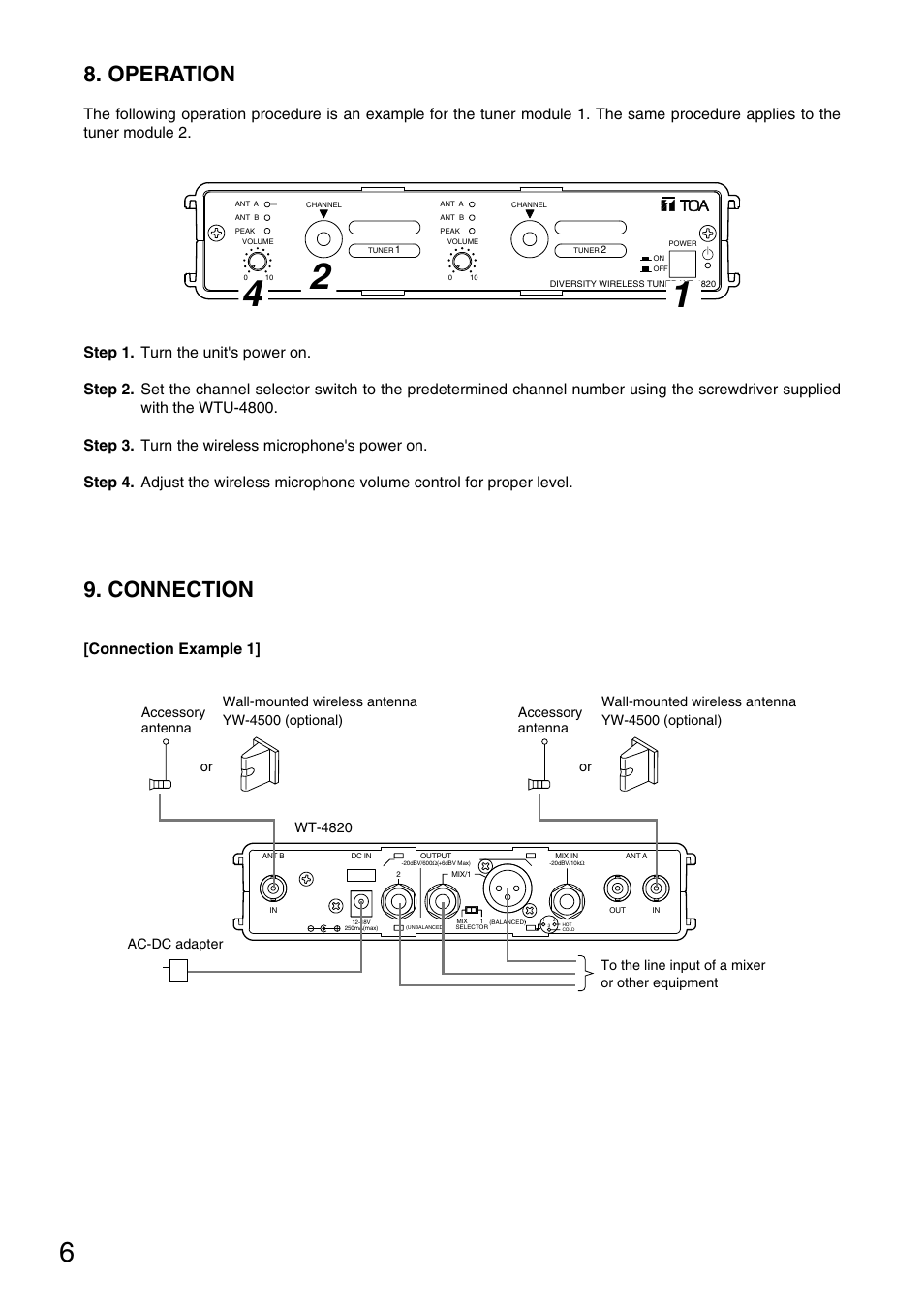 Connection, Operation, Connection example 1 | TOA Electronics WT-4820 User Manual | Page 6 / 8