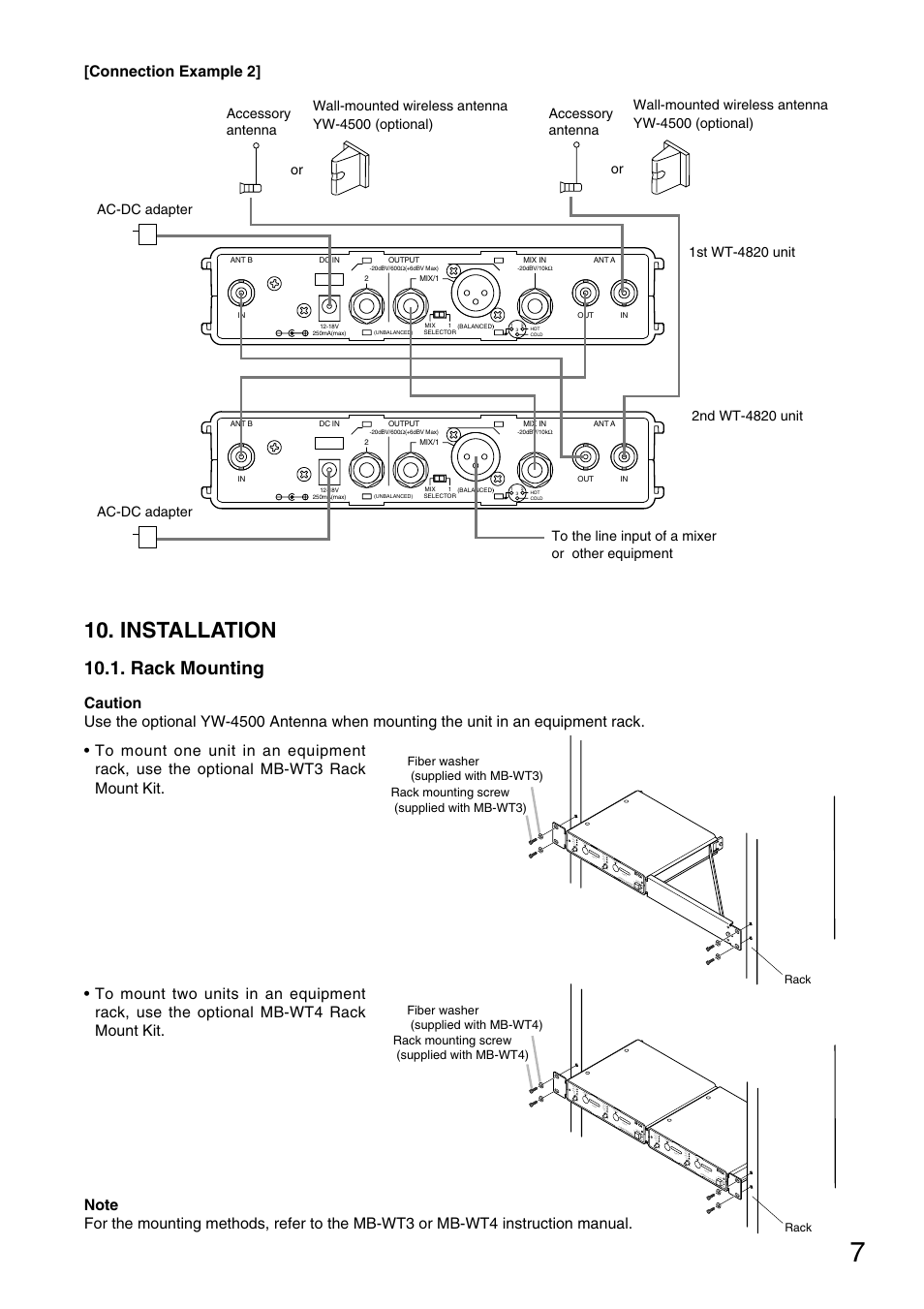 Installation, Rack mounting, Connection example 2 | TOA Electronics WT-4820 User Manual | Page 7 / 8